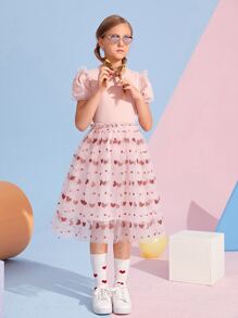 SHEIN 女孩心形圖案覆蓋網紗半身裙 - 彩色 - 查看 1