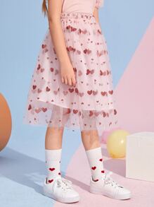 SHEIN 女孩心形圖案覆蓋網紗半身裙 - 彩色 - 查看 4