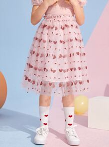 SHEIN 女孩心形圖案覆蓋網紗半身裙 - 彩色 - 查看 3
