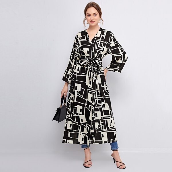 

Self Belted Geo Print Kimono, Multicolor