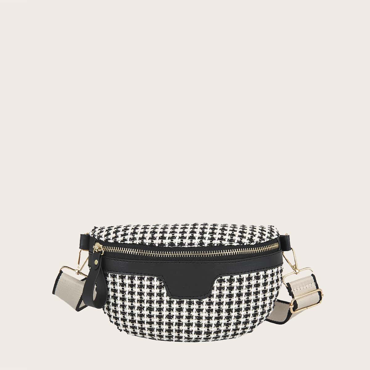 

Plaid Zip Fanny Pack, Black and white