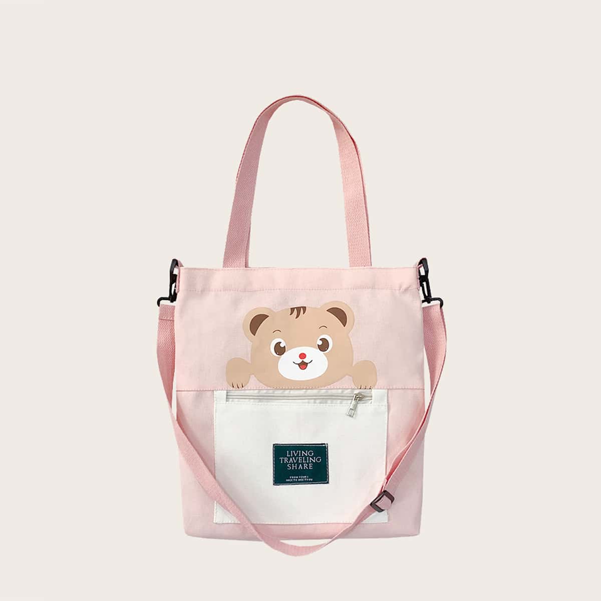 

Cartoon Bear Canvas Tote Bag, Pink