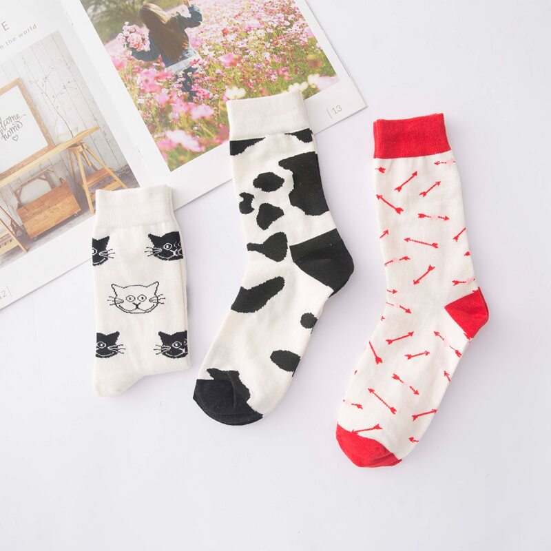 

3pairs Cartoon & Cow Print Crew Socks, Multicolor