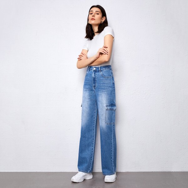 

High Waist Flap Pocket Jeans, Medium wash