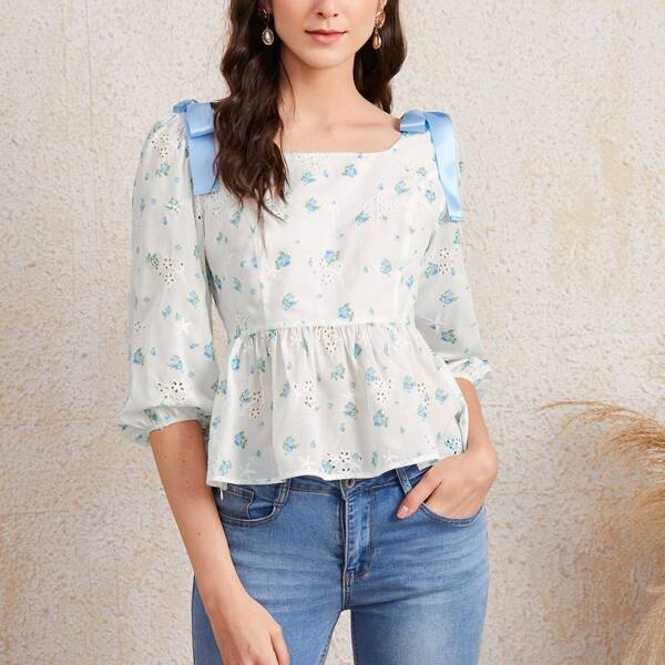 

Knot Shoulder Floral Print Schiffy Peplum Top, White