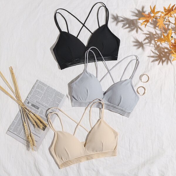 

3pack Rib Mesh Trim Bra Set, Multicolor
