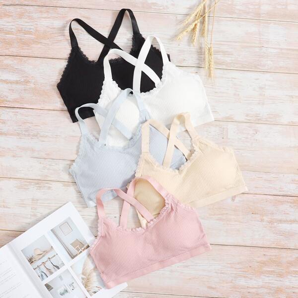 

5pack Rib Lace Trim Bra Set, Multicolor