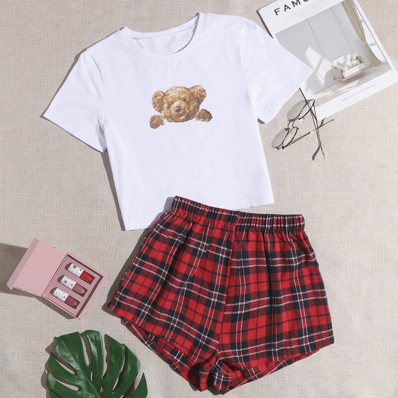 

Bear Print Tee & Tartan Plaid Shorts, Red and white