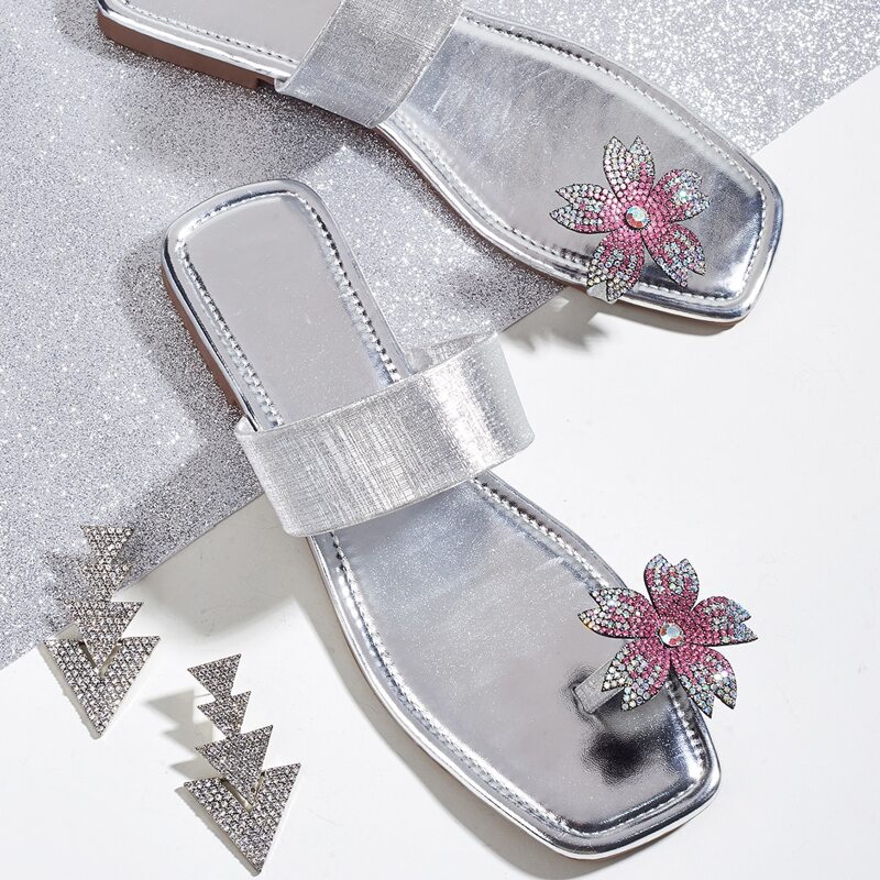

Rhinestone Floral Toe Ring Slide Sandals, Silver
