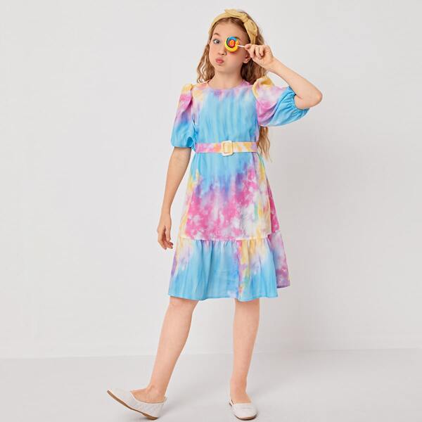 

Girls Tie Dye Puff Sleeve Belted Flounce Hem Dress, Multicolor