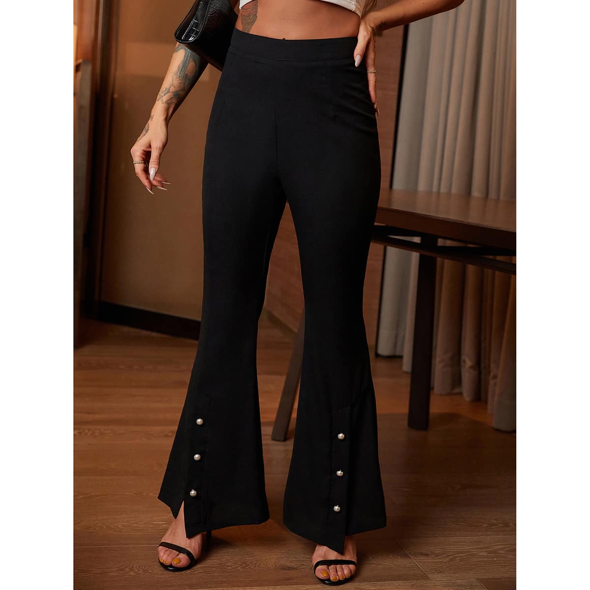 

Pearls Button Flare Leg Pants, Black