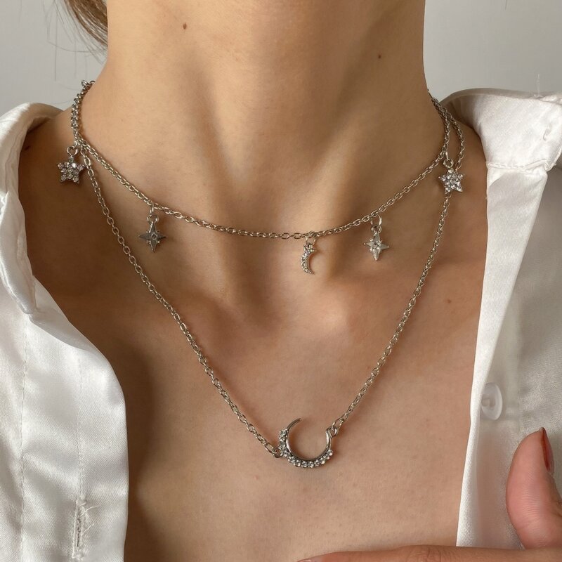 

Rhinestone Moon & Star Layered Necklace, Silver