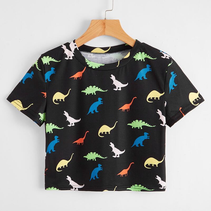 

Cartoon Dinosaur Print Crop Tee, Black