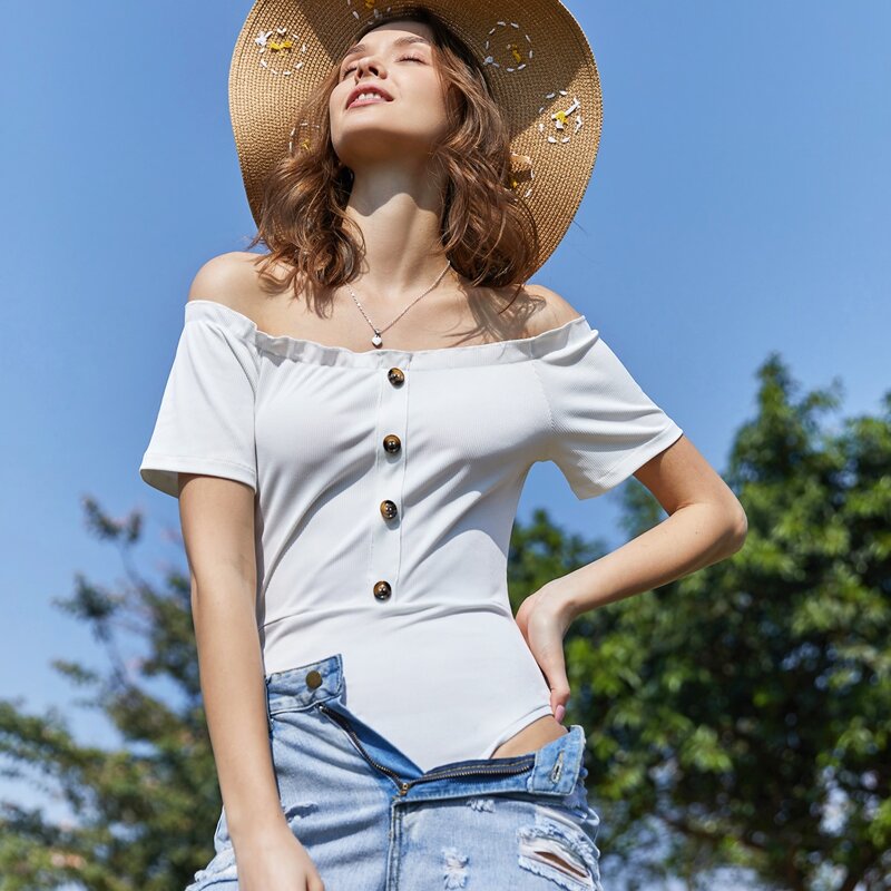 

Off Shoulder Button Bodysuit, White