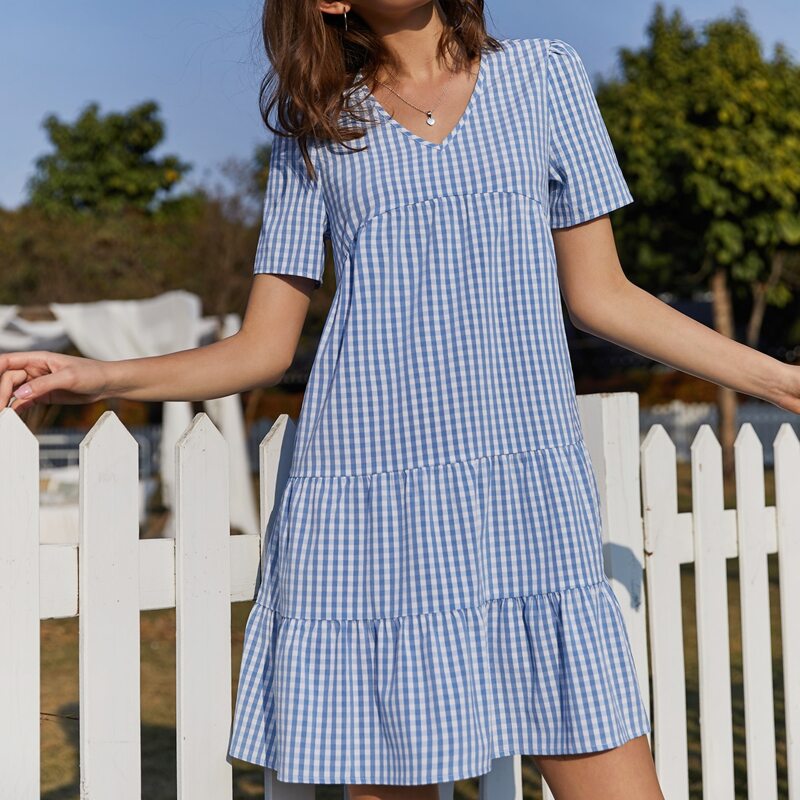 

Plaid Smock Dress, Blue and white