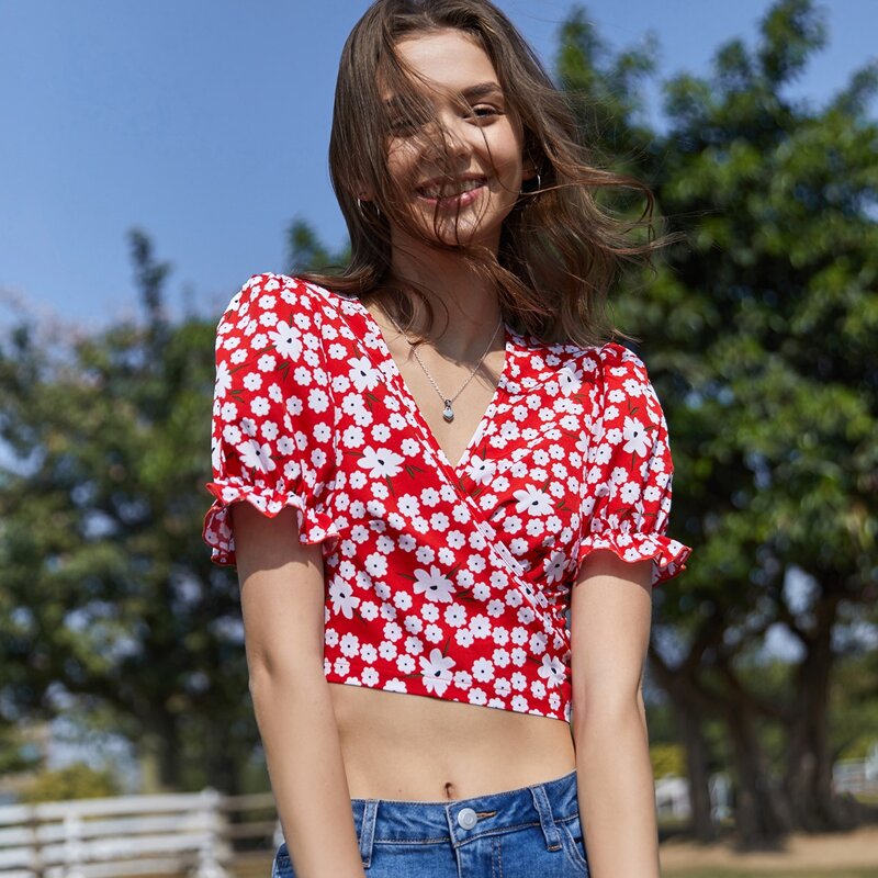 

Ditsy Floral Wrap Crop Top, Red and white