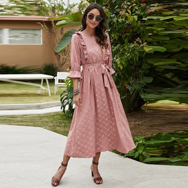 

Gilding Plaid Belted Ruffle Trim Dress, Dusty pink
