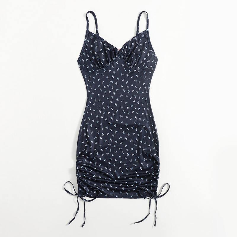 

Floral Print Drawstring Side Cami Dress, Navy blue