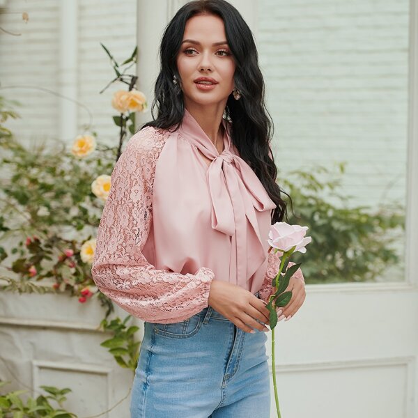 

Contrast Lace Tie Neck Blouse, Baby pink