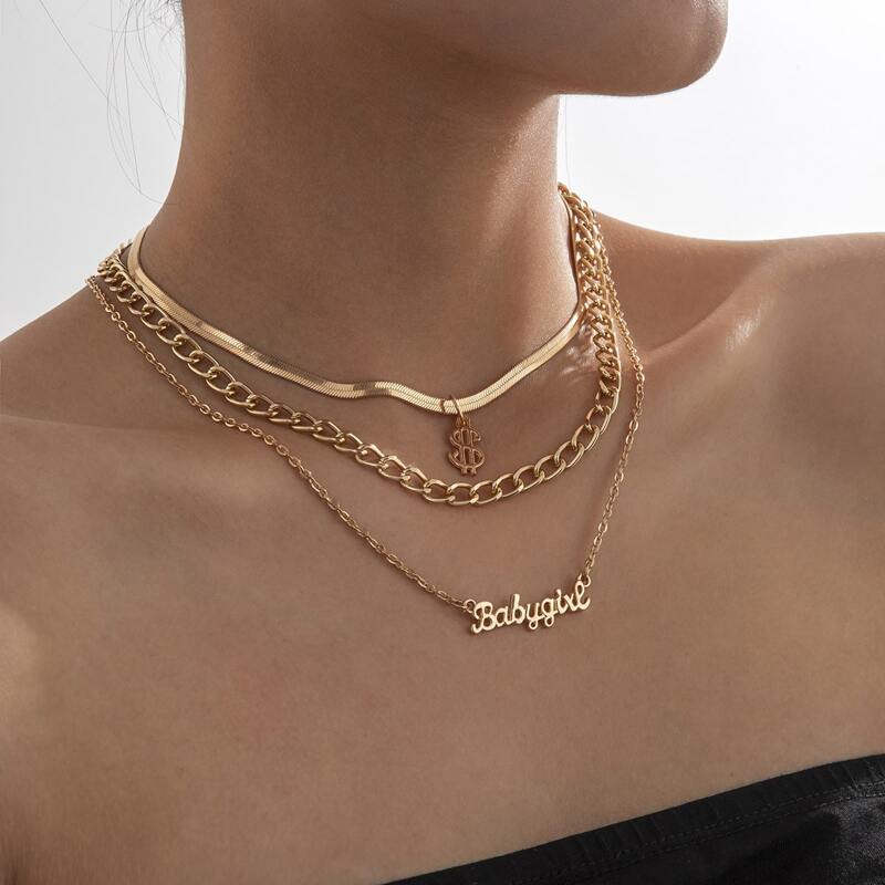 

3pcs Dollar & Letter Charm Necklace, Gold