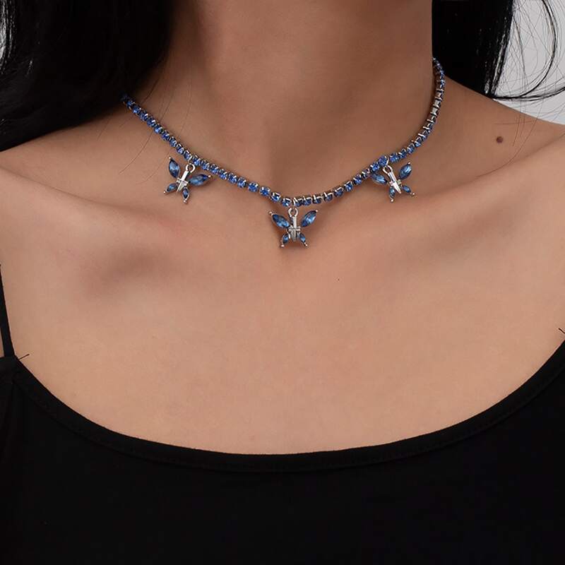 

Rhinestone Butterfly Charm Choker, Royal blue