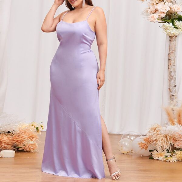 

Plus Solid Satin Split Thigh Maxi Cami Dress, Lilac purple