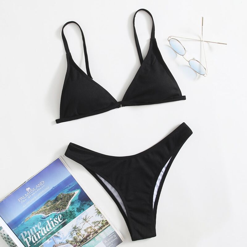 

Rib Triangle High Cut Bikini Swimsuit, Black