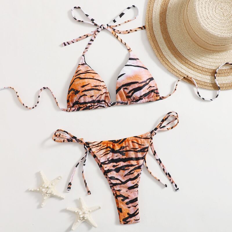 

Tiger Striped Tie Side Bikini Swimsuit, Multicolor