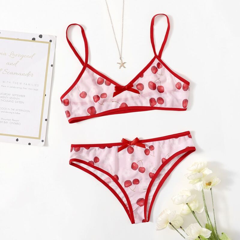 

Cherry Print Sheer Lingerie Set, Red