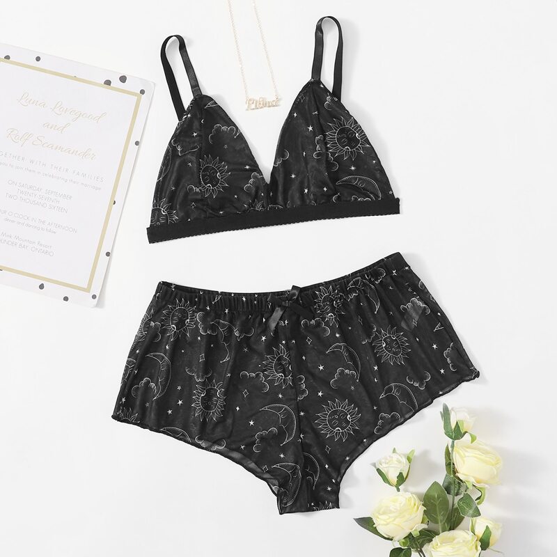 

Sun & Moon Print Lingerie Set, Black