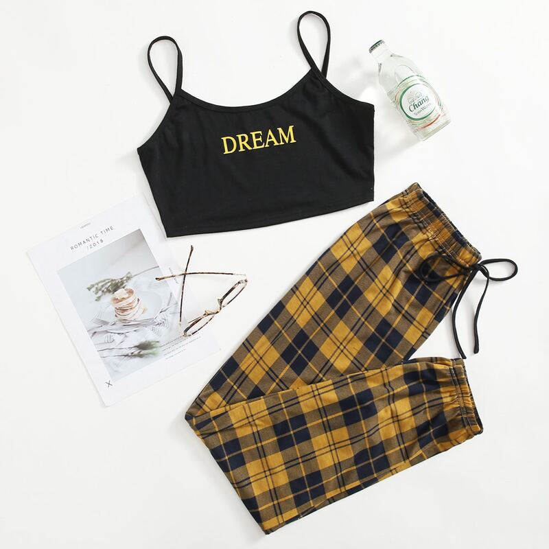 

Letter Plaid Pants PJ Set, Multicolor