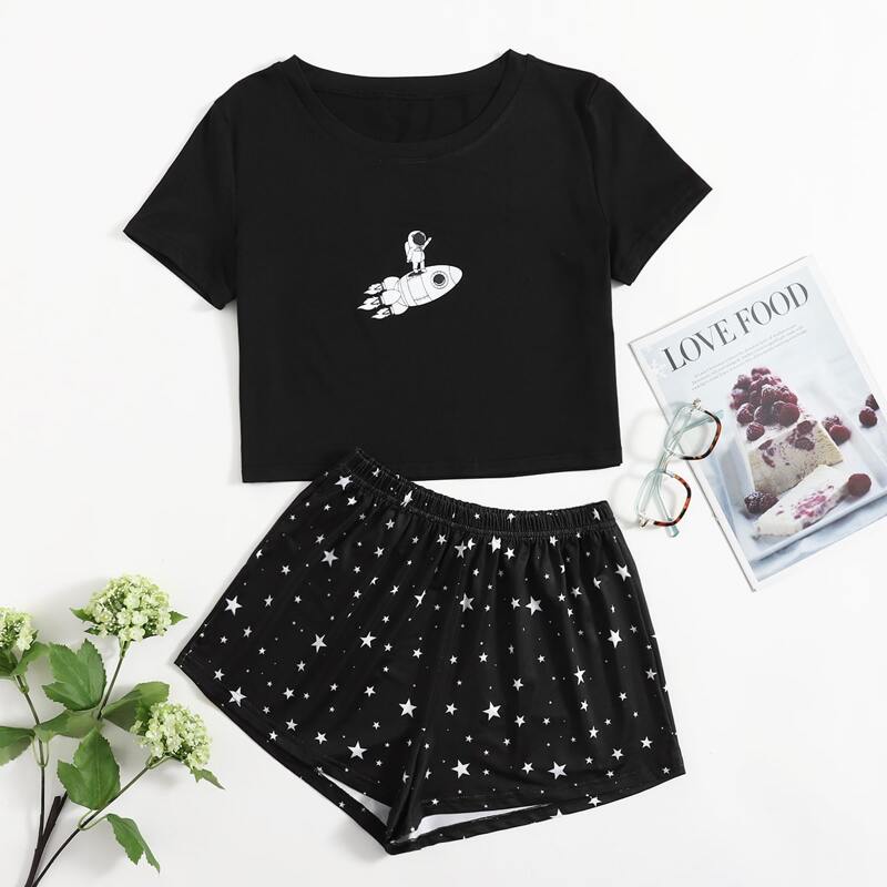 

Astronaut Star Print Shorts PJ Set, Black