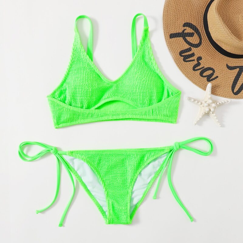 

Neon Solid Tie Side Bikini Swimsuit, Green