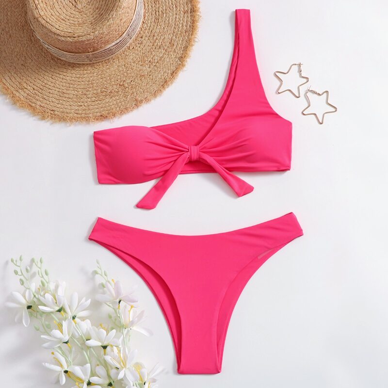 

Knot One Shoulder Bikini Swimsuit, Hot pink