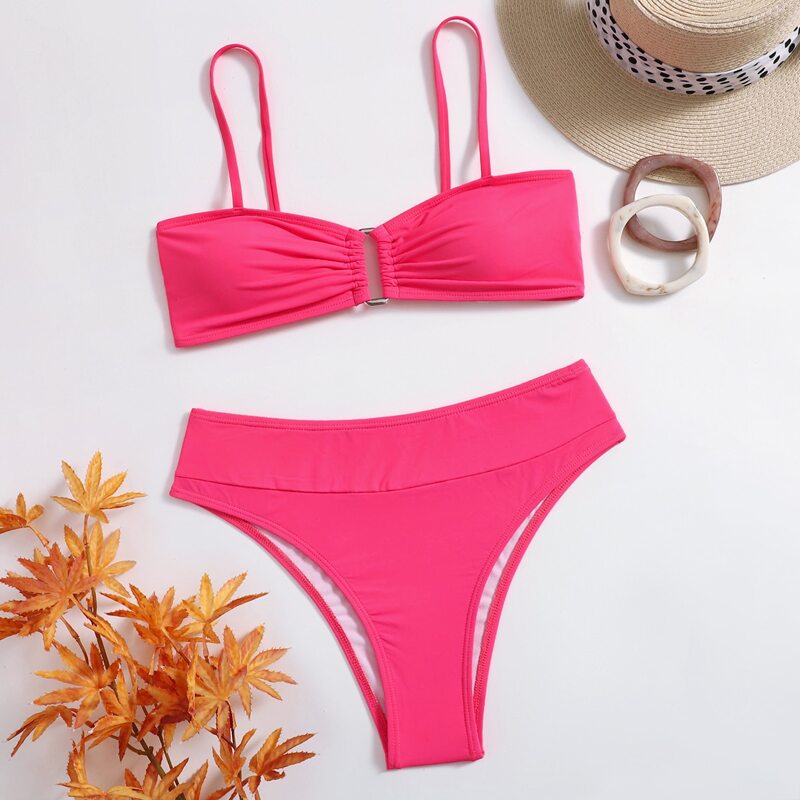 

Solid Ring Linked Bikini Swimsuit, Hot pink