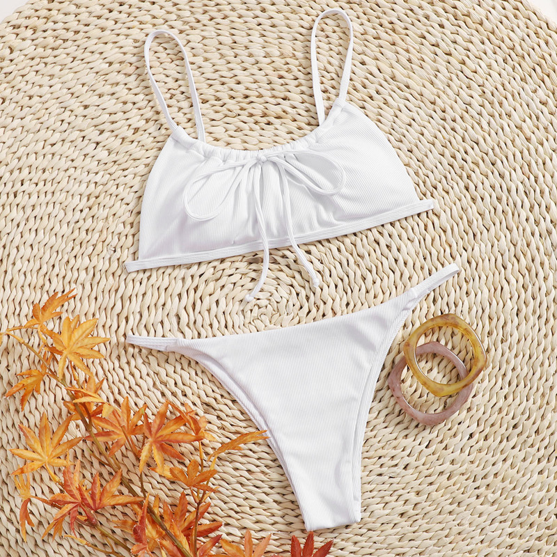 

Solid Tie Front Tanga Bikini Swimsuit, White