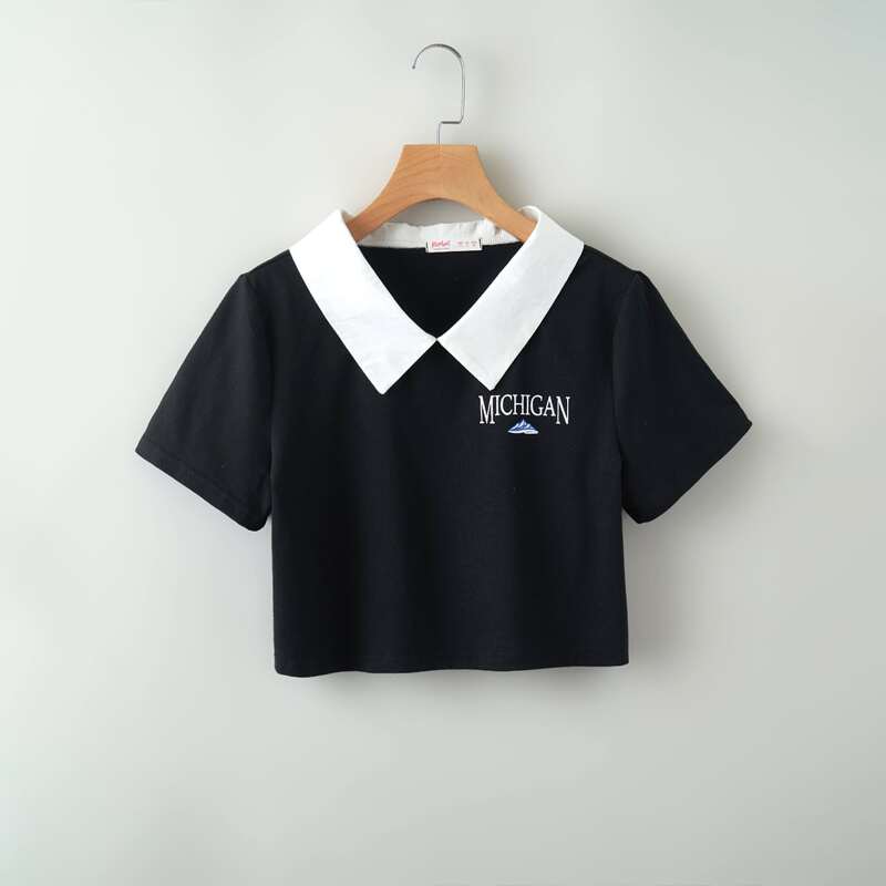 

Contrast Collar Crop Tee, Black and white