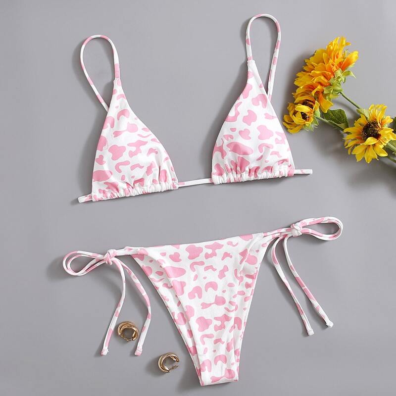 

Cow Print Tie Side Bikini Swimsuit, Baby pink