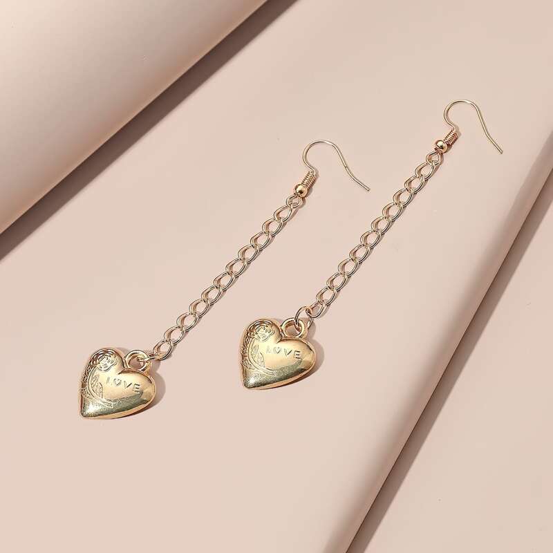 

Engraved Heart Chain Earrings, Gold