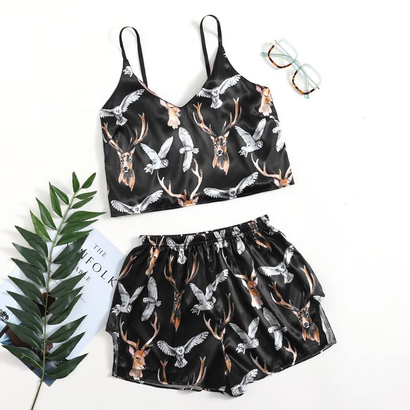 

Satin Animal Print Shorts PJ Set, Multicolor