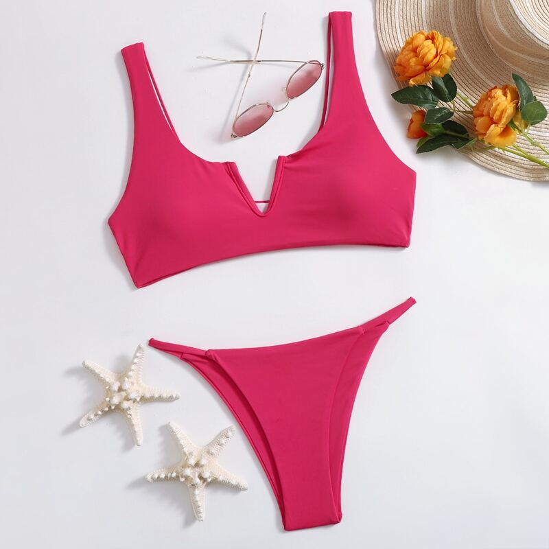 

Solid V Wired Thong Bikini Swimsuit, Hot pink