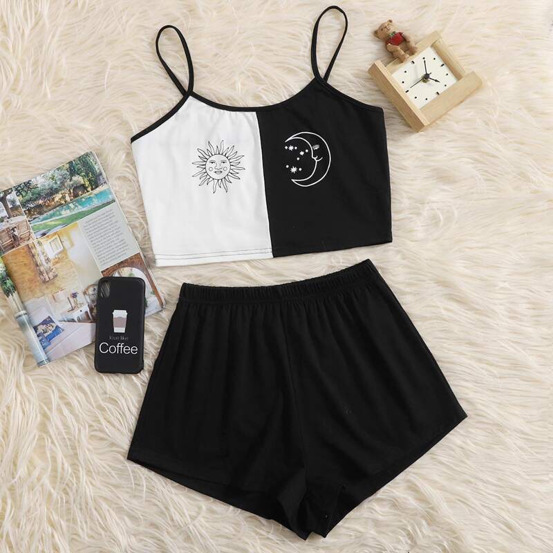 

Sun & Moon Graphic Shorts PJ Set, Black and white