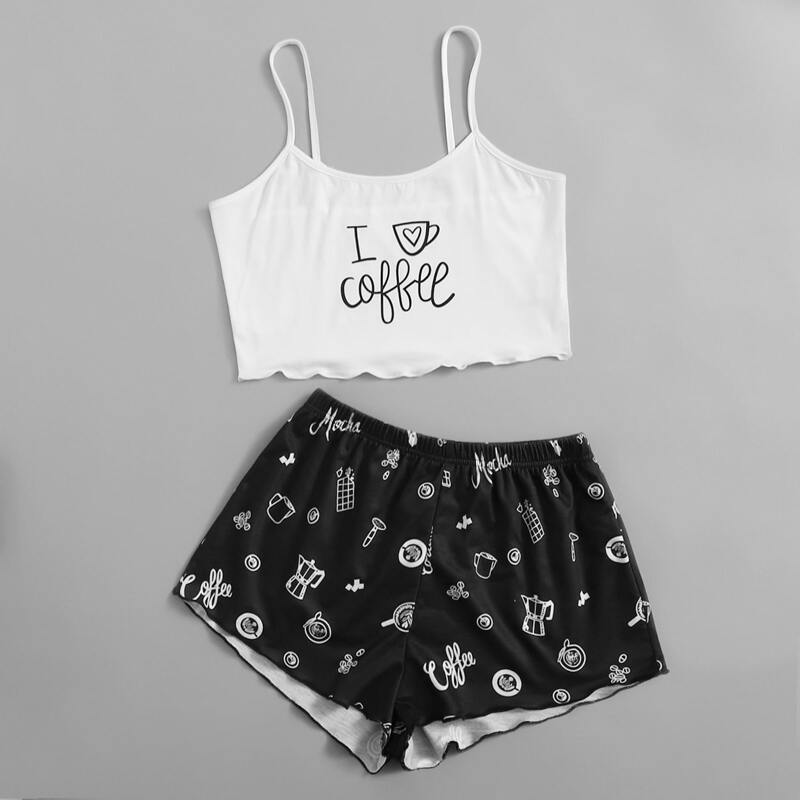 

Cartoon Print Shorts PJ Set, Black and white