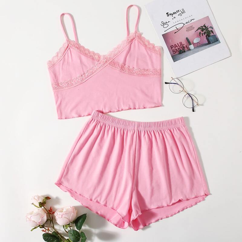 

Lace Trim Shorts PJ Set, Pink