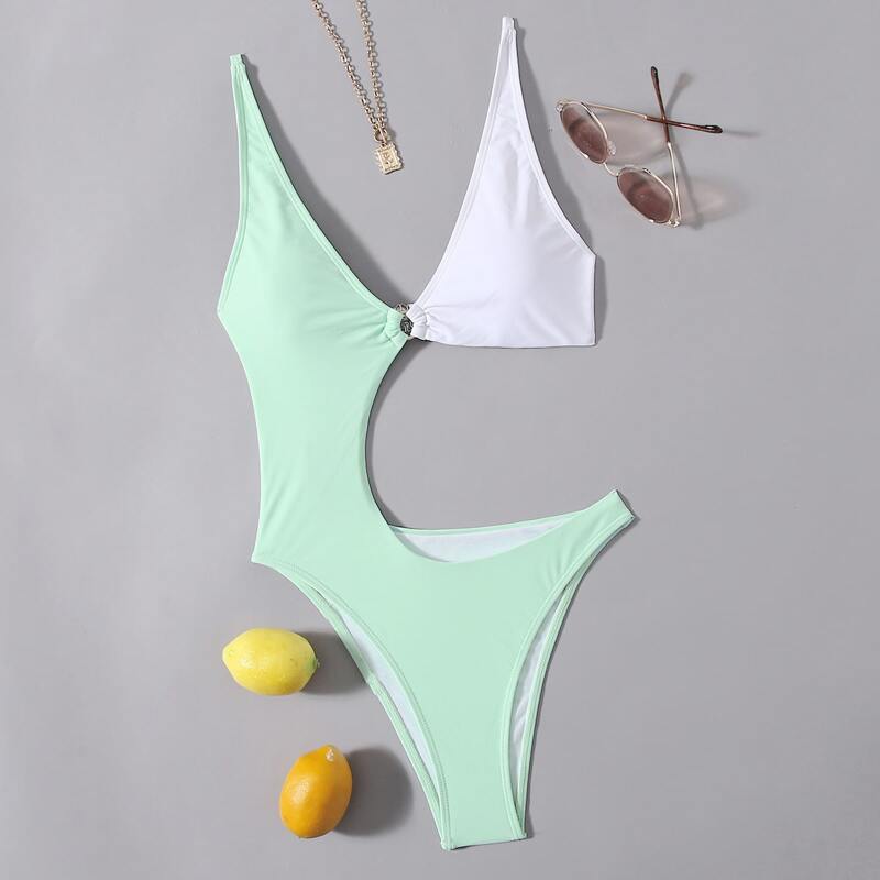 

Colorblock Cut-out One Piece Swimsuit, Mint green