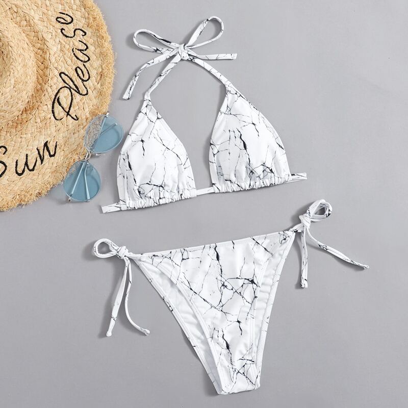 

Marble Pattern Tie Side Bikini Swimsuit, Black and white