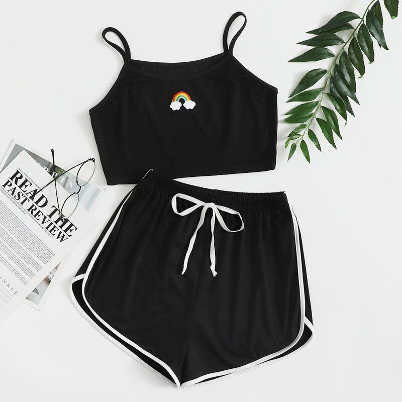 

Rainbow Print Shorts PJ Set, Black