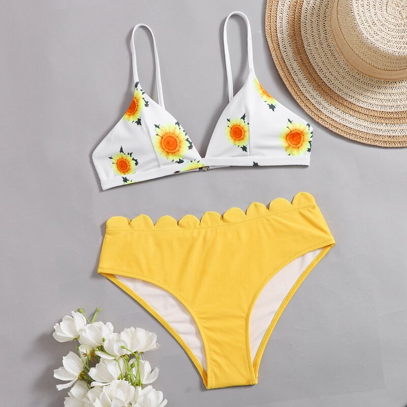

Scallop Trim Sunflower Bikini Swimsuit, Multicolor