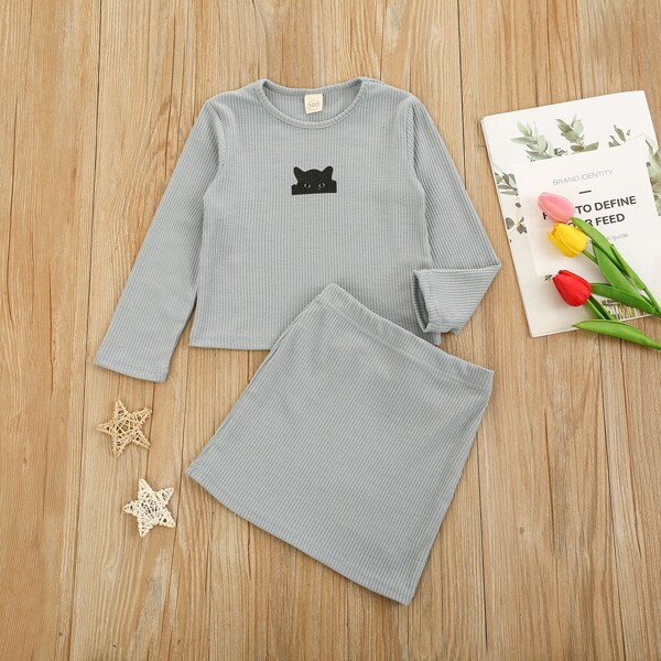 

Toddler Girls Cat Print Rib-Knit Tee With Skirt, Green