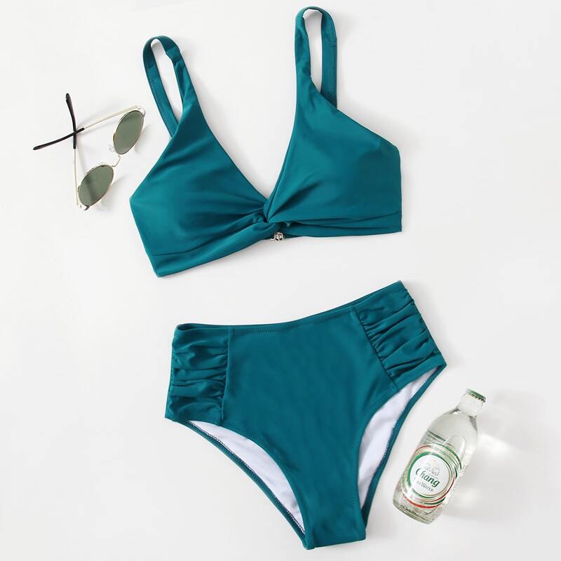 

Ruched High Waisted Bikini Swimsuit, Teal blue
